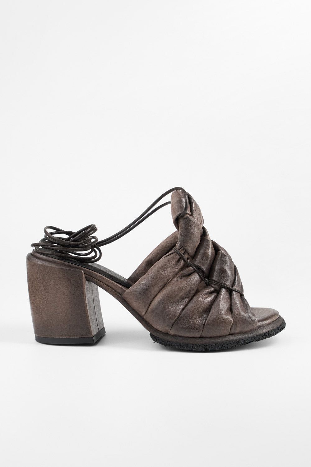 SHELLEY mocha-brown woven mid heel sandals.