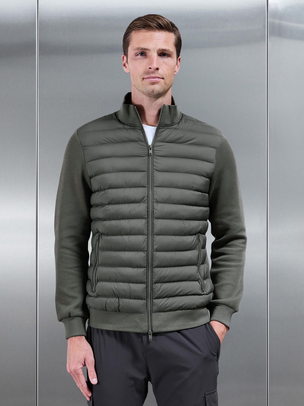Hybrid Quilted Technical Funnel Neck Jacket in Olive