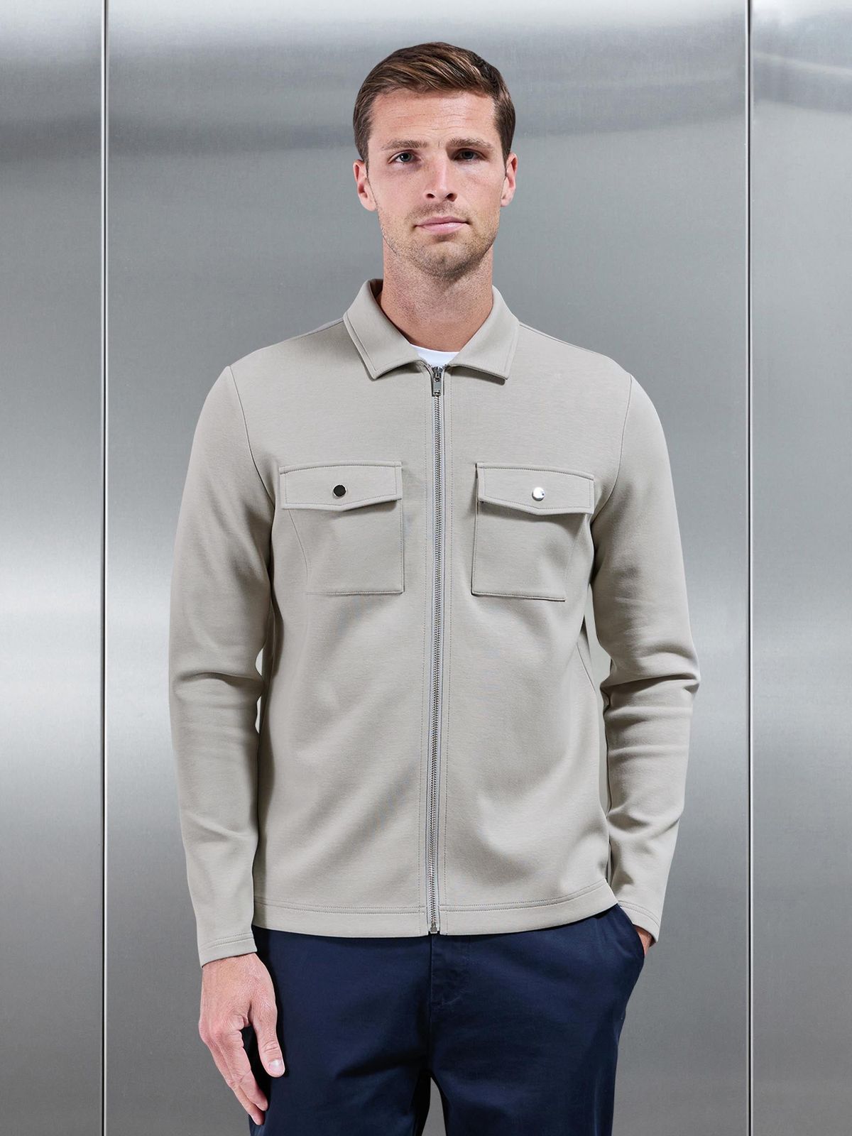 Interlock Jersey Pocket Zip Through Overshirt in Stone