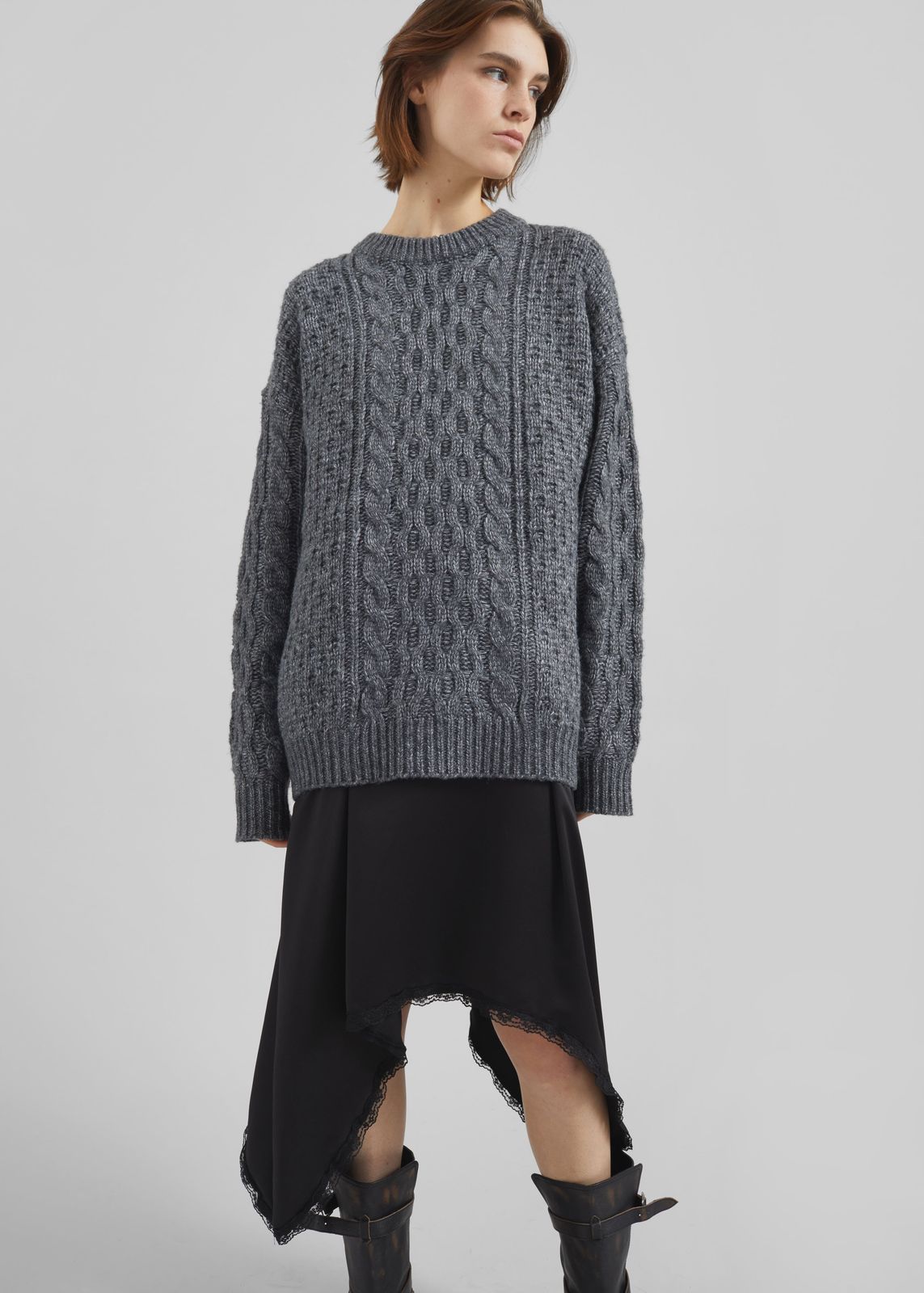 Janesen Oversized Cable Knit Sweater - Grey Melange