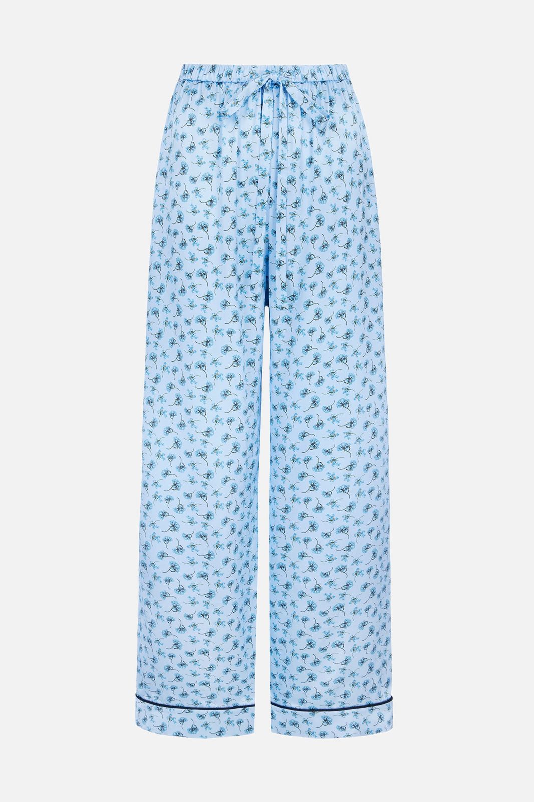 Ithaca Trousers In Ditsy Blue Marigold On Baby Blue Silk Satin