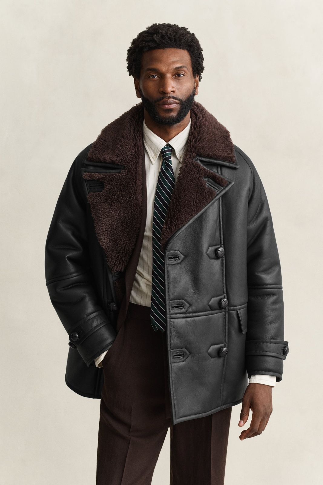 Shearling Peacoat - BLACK