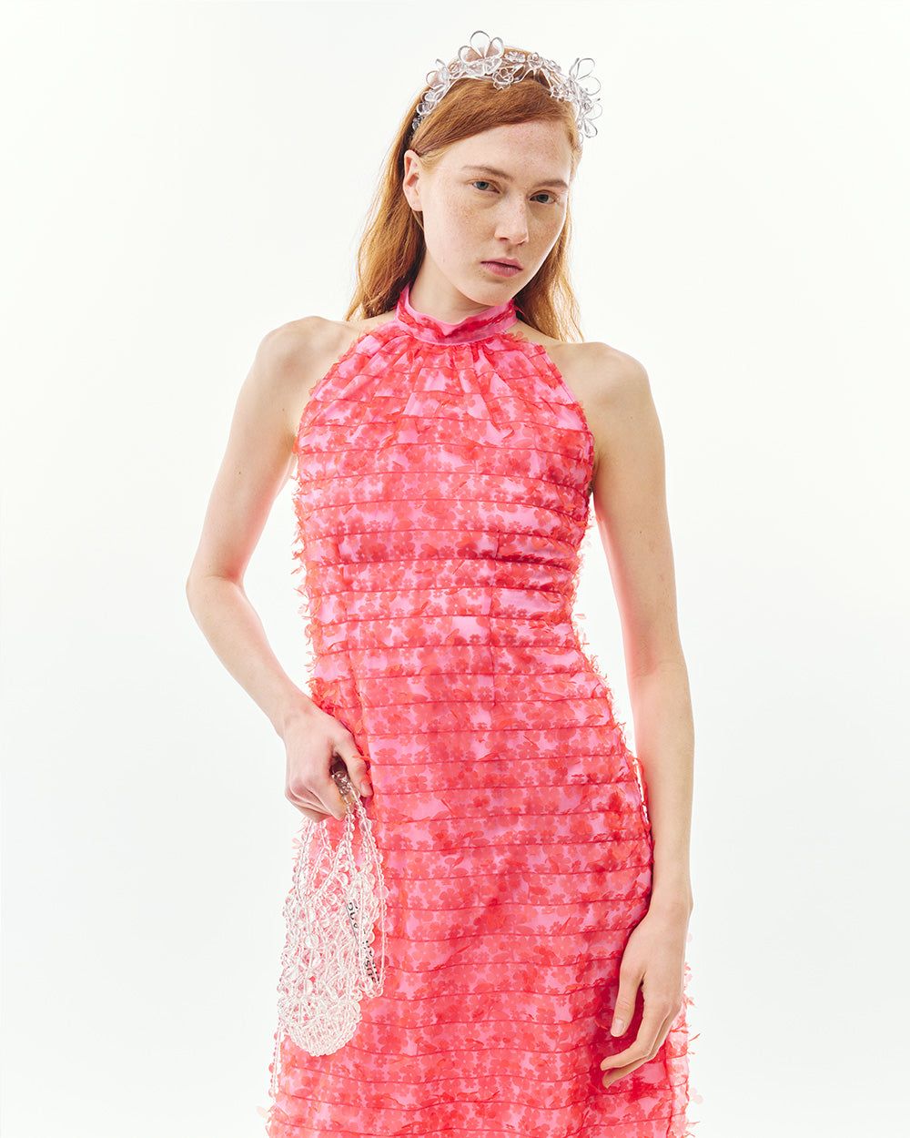 LASER-CUT FLOWER HALTER NECK DRESS