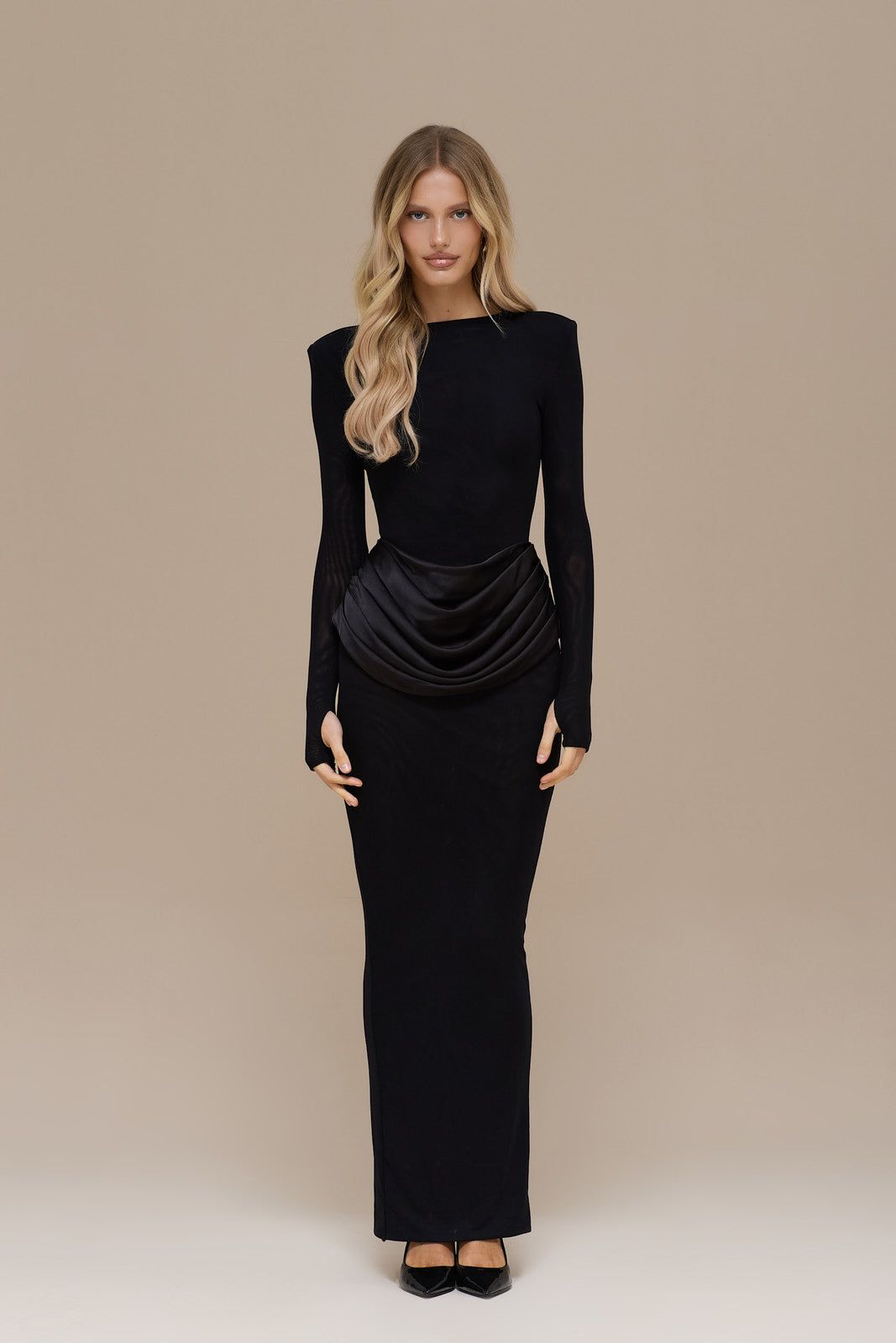 EMAN LONG SLEEVE MAXI DRESS WITH SATIN DRAPED WAIST DETAIL | BLACK