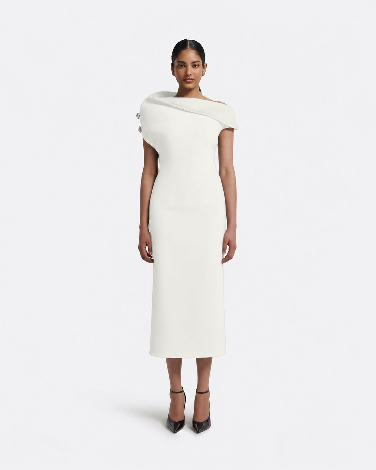 Reina Midi Dress in Ivory with Crystal