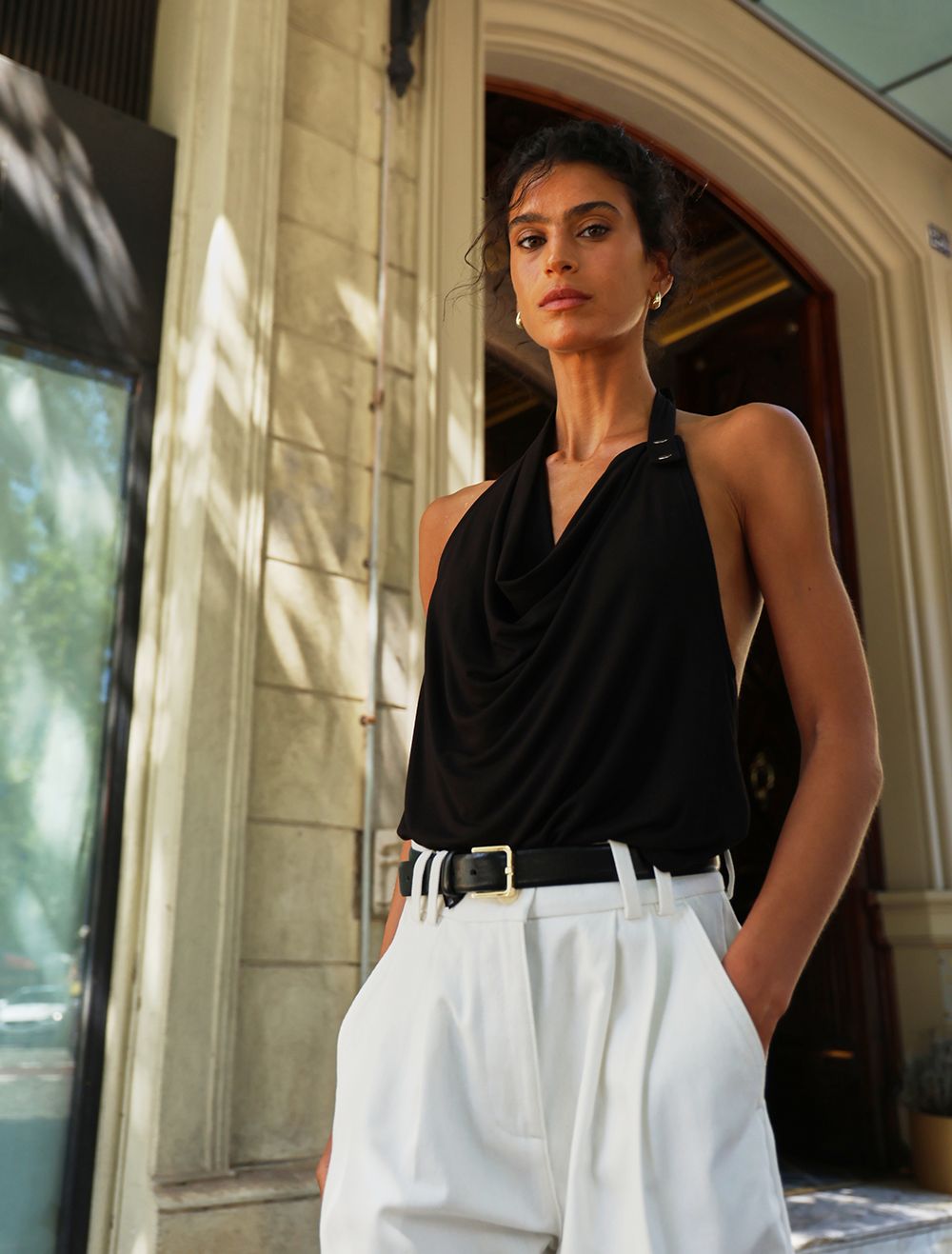 Sierra Drape Front Halter Top In Black