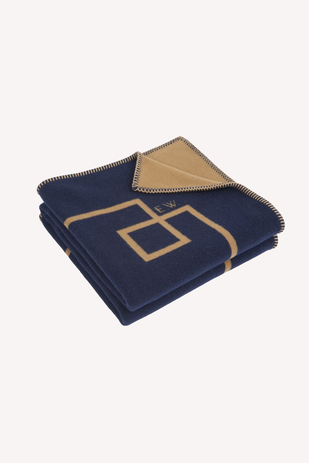 Roma Geometric Detail Blanket in Camel & Navy Wool