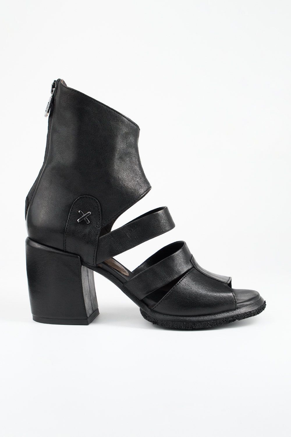 SHELLEY jet-black mid heel tall sandals.