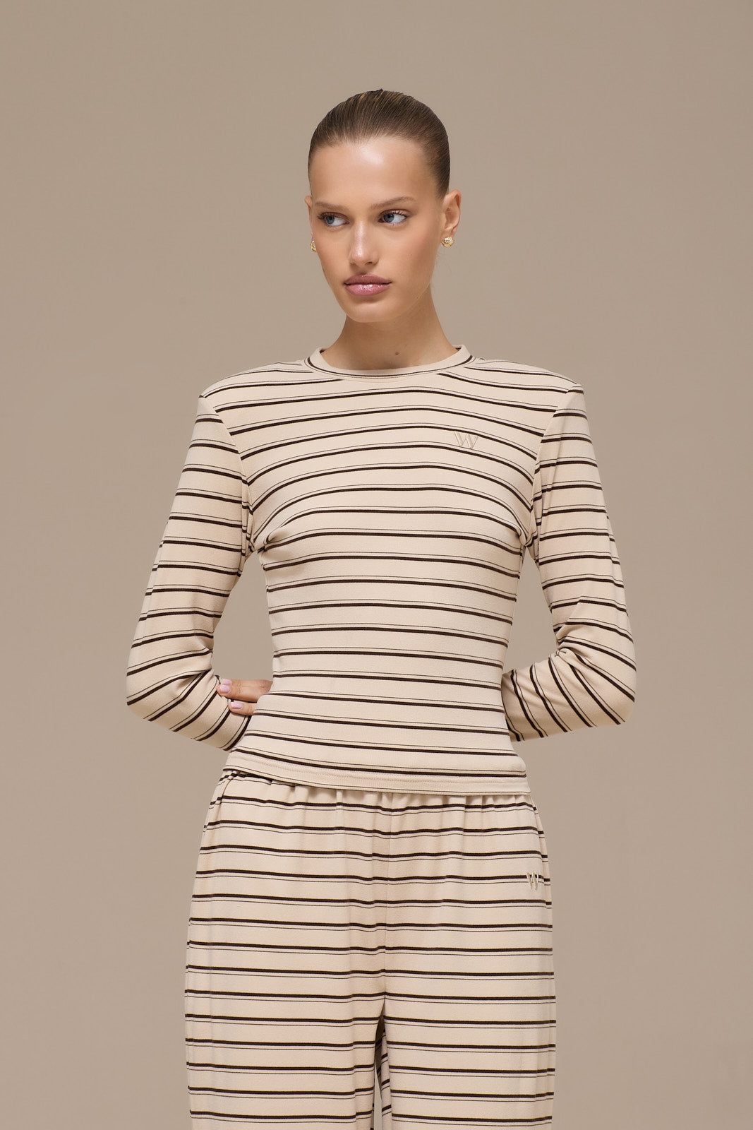 FRANKIE LONG SLEEVE ROUND NECK TOP | BEIGE STRIPE