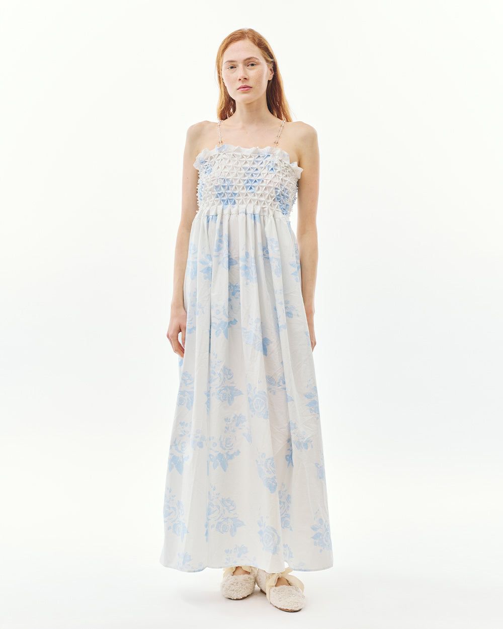 PRINTED FLORAL BUBBLE SMOCKED STRAP DRESS