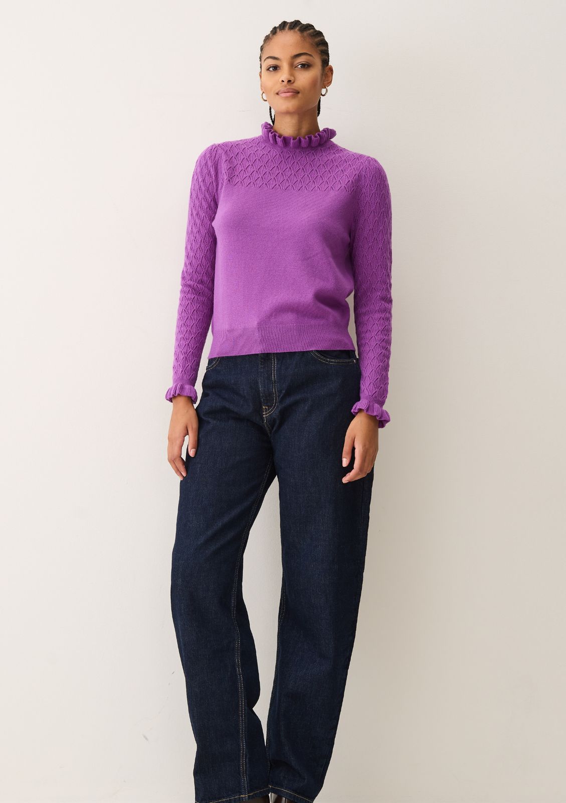 Tie Neck Pointelle Sweater in Vibration Purple