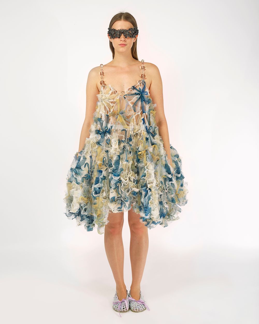 BEADED AIR-WHIRL FLOWER TULLE DRESS