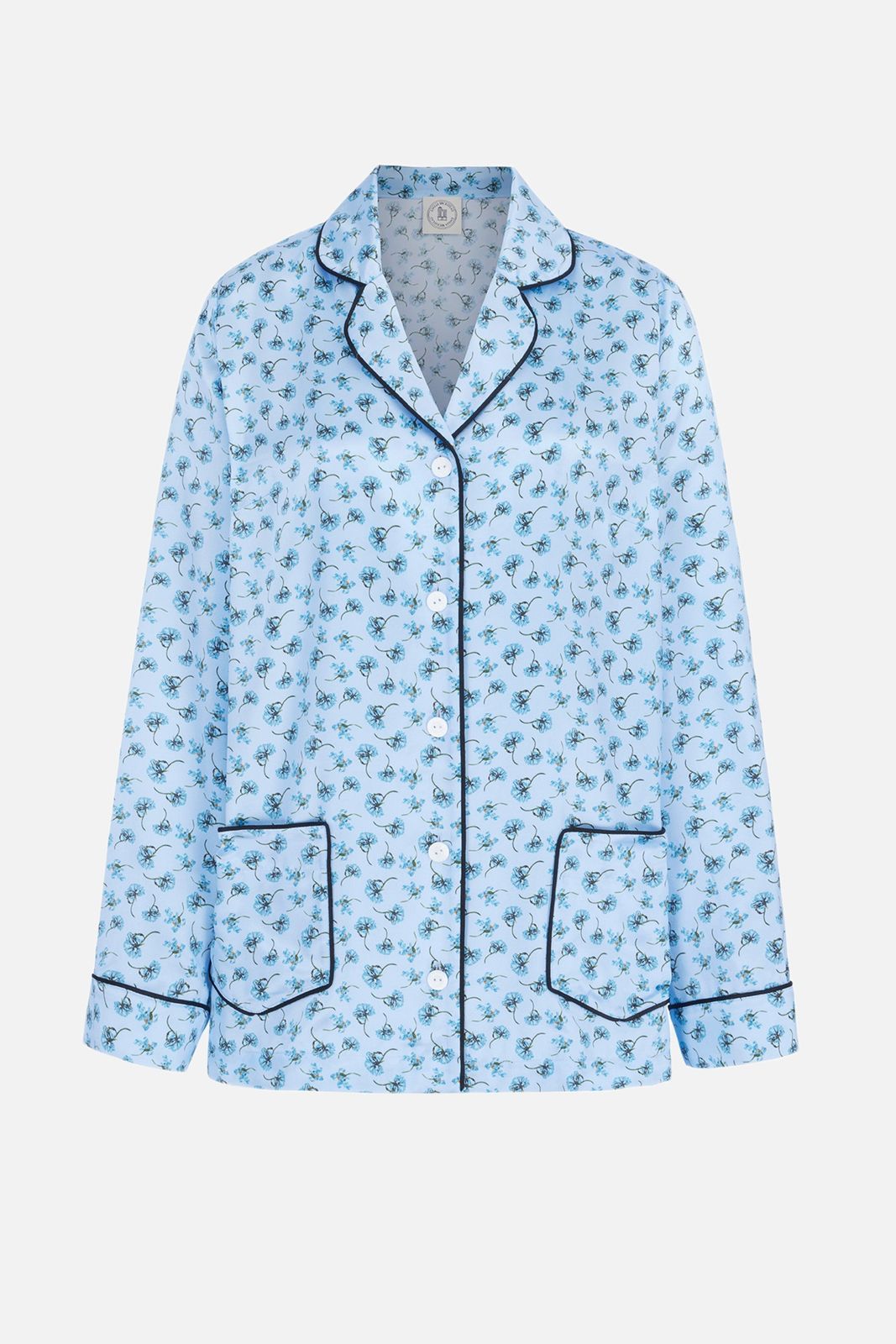 Trina Shirt In Ditsy Blue Marigold On Baby Blue Silk Satin