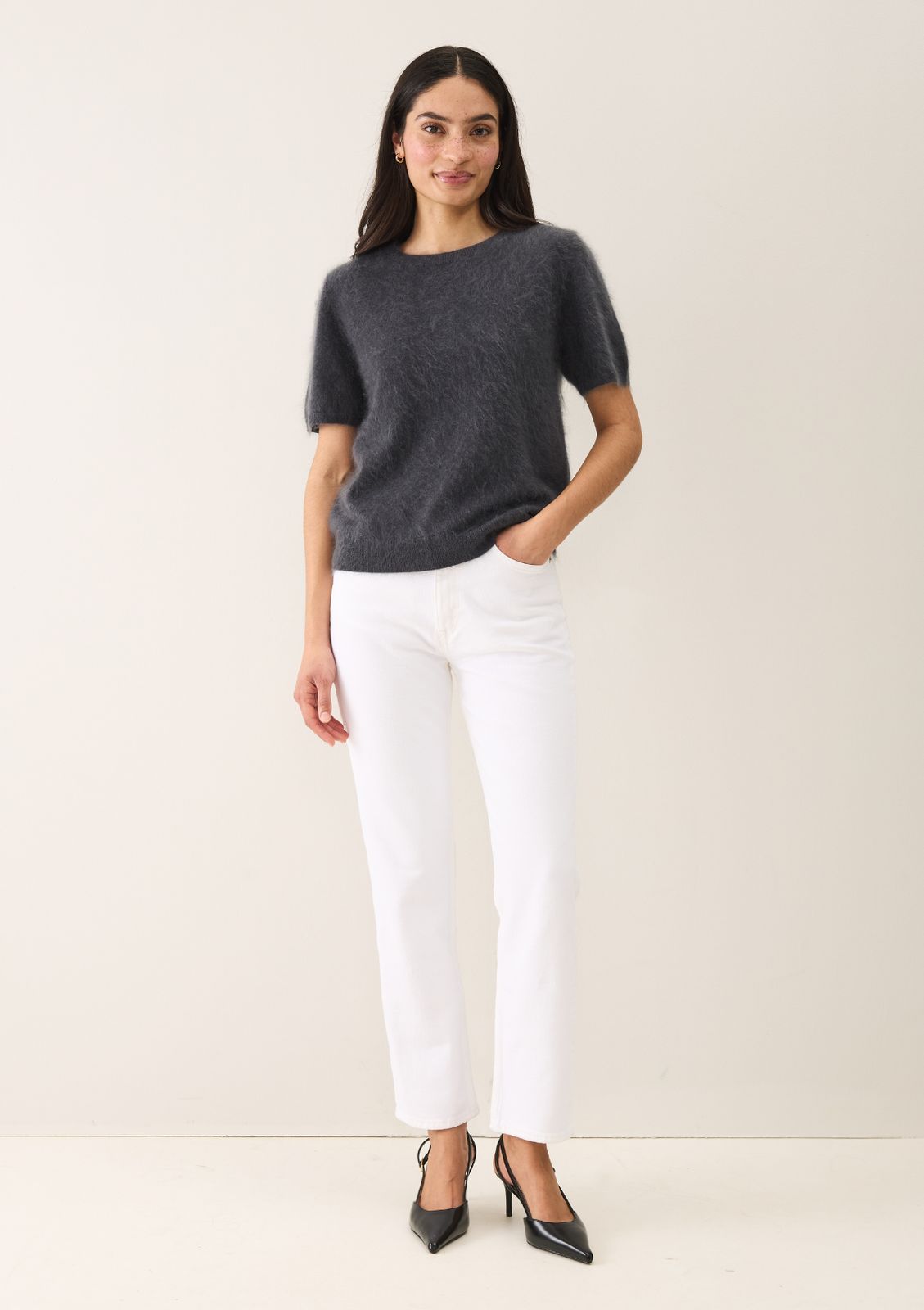 Short-Sleeved Brushed Cashmere Sweater with Jewelled Buttons in Universe Grey