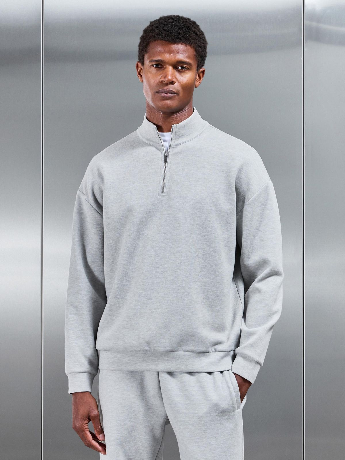 Relaxed Fit Knitted Half Zip in Marl Grey