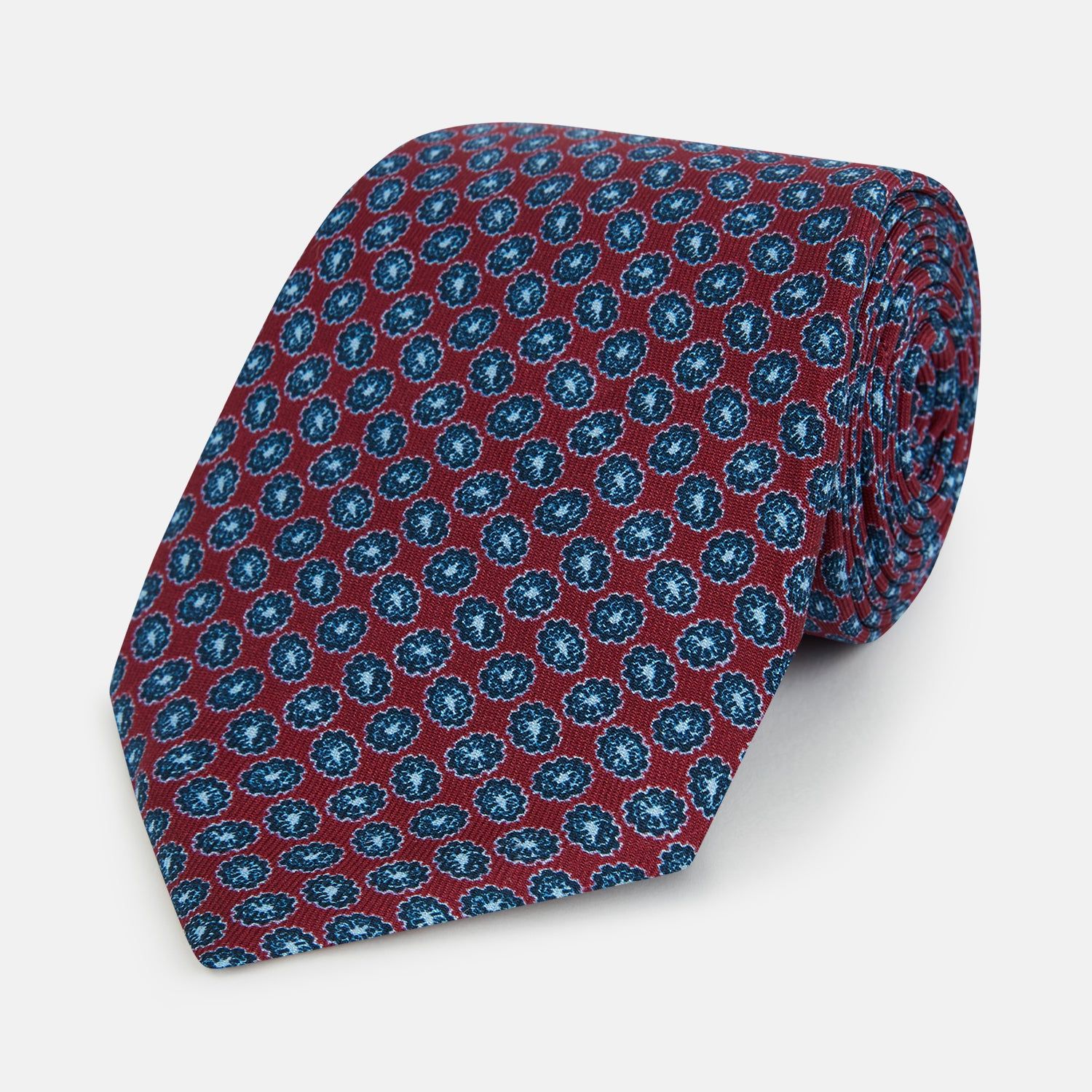 Blue and Red Floral Foulard Printed Silk Tie